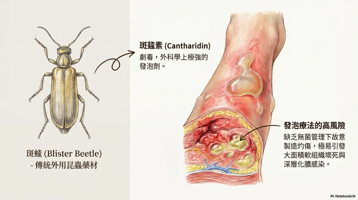 左手香植物特徵與過敏反應。展示部分敏感體質接觸左手香後，觸發劇烈紅腫與密集性過敏水泡的皮膚表現。