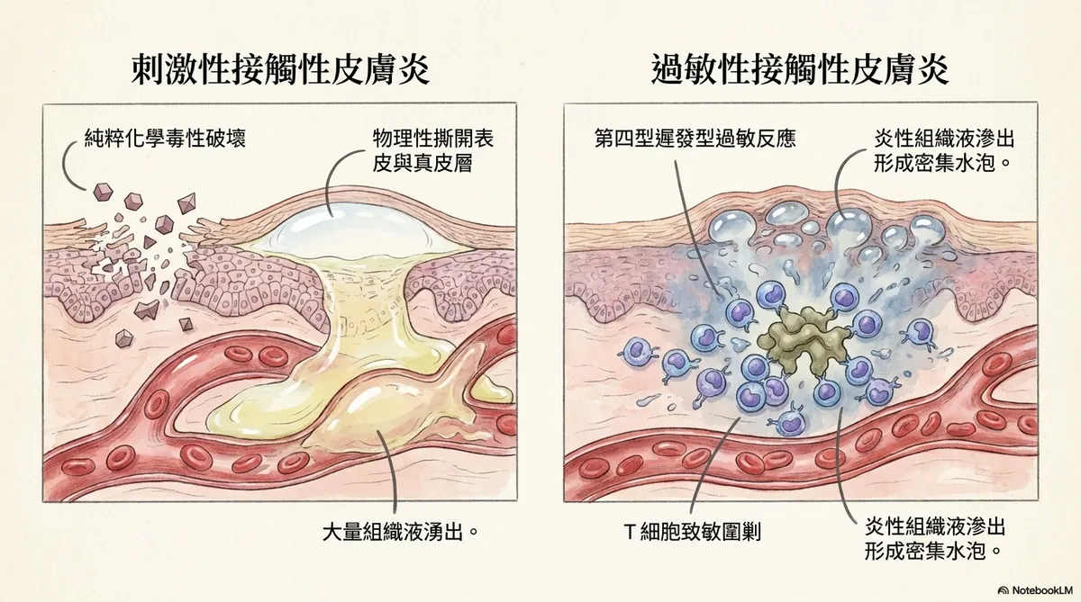 中藥材斑蝥與斑蝥素化學灼傷。展示發泡療法所伴隨的高風險，說明在缺乏無菌管理下極易演變為大面積壞死與深層化膿感染。