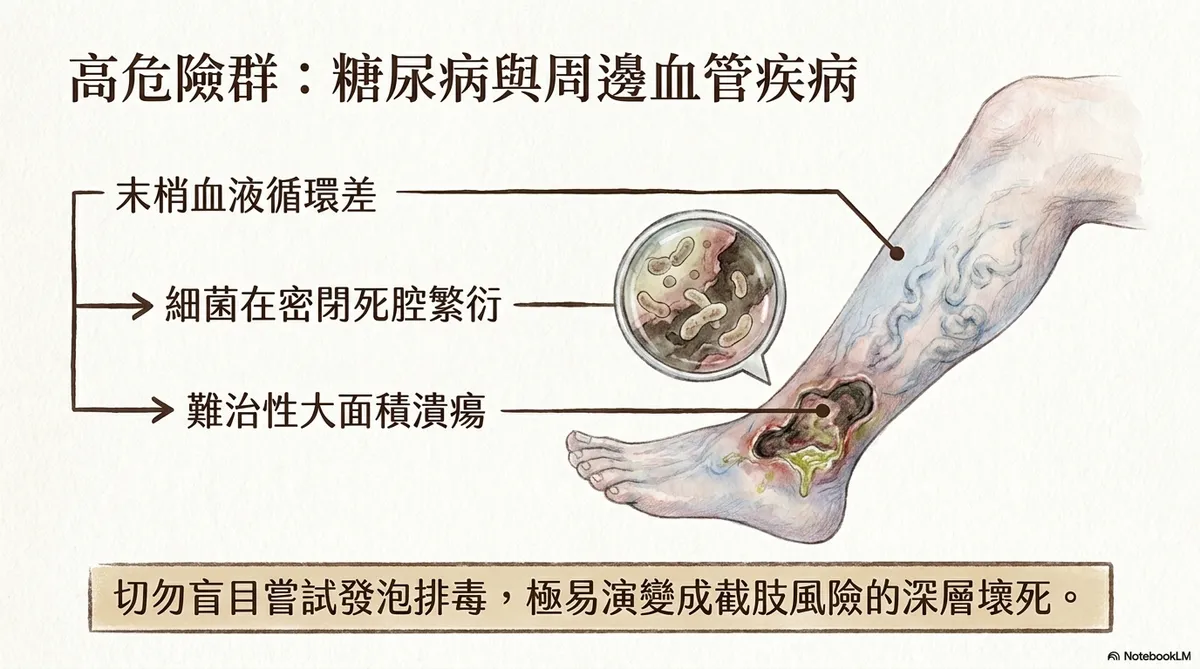 臨床處置：巨大水泡無菌引流。圖解醫護使用生理食鹽水徹底洗滌、平整移除植物殘渣，並以醫療針頭進行專業排水引流與即時減壓的細節。