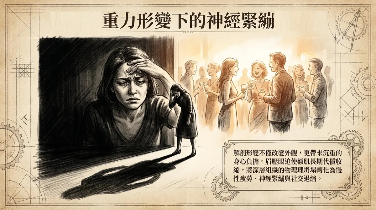 重力形變下的神經緊繃與身心負擔。圖解說明面部深層結構形變如何迫使額肌長期代償收縮,將深層組織的塌陷轉化為慢性疲勞、神經緊繃與社交退縮。