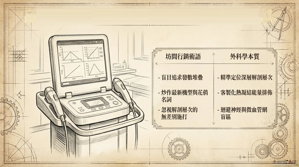 坊間行銷術語與外科學本質對比。圖表清晰對比盲目追求發數堆疊、炒作最新機型名詞的坊間行銷,與精準定位深層解剖層次、客製化熱凝結能量排佈的外科學本質。