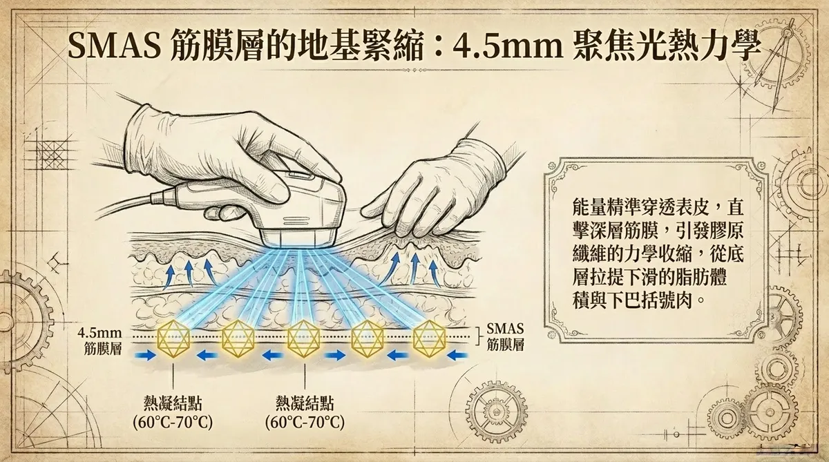 SMAS 筋膜層的結構緊縮:4.5mm 聚焦光熱力學。醫學微觀圖解展示能量精準穿透表皮直擊深層筋膜,引發膠原纖維的力學收縮,拉提下滑的脂肪與下巴括號肉。