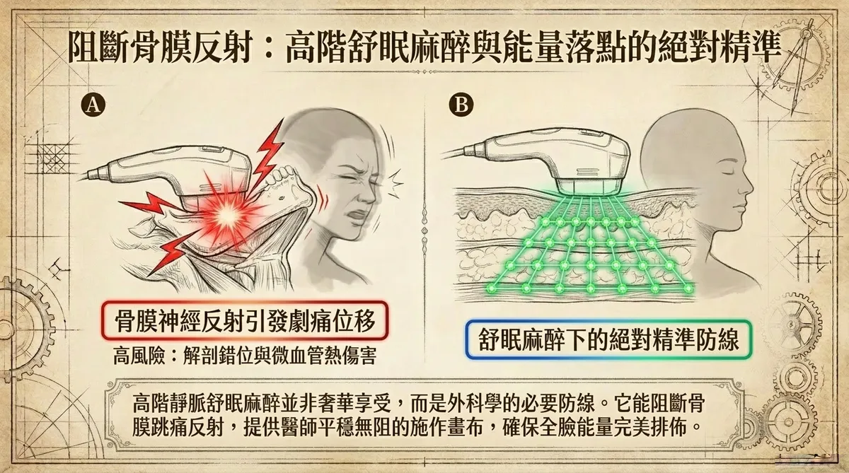 阻斷骨膜反射:舒眠麻醉與能量落點的絕對精準。左圖對比無麻醉狀態下骨膜神經反射引發劇痛位移與解剖錯位風險,右圖展示舒眠麻醉下的精準防線。
