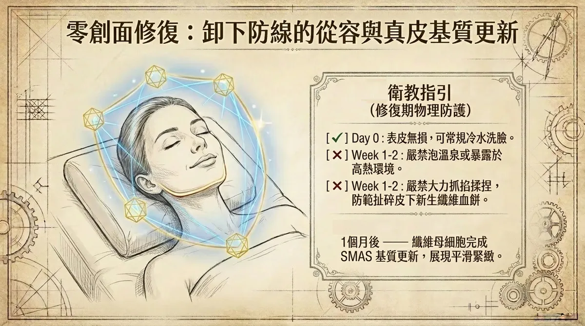 零創面修復:卸下防線的從容與真皮基質更新。詳細列出修復期物理防護細則,包含Day 0表皮無損可正常洗臉、Week 1-2嚴禁泡溫泉與大力抓掐揉捏。