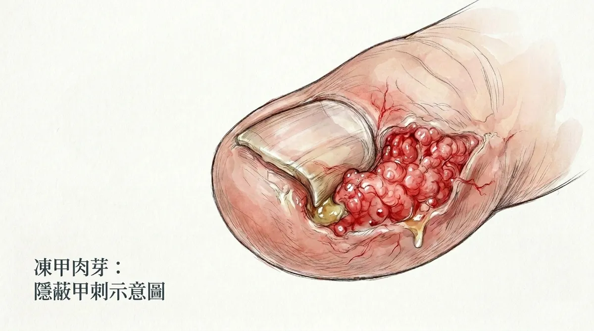 台中彰化凍甲化膿性肉芽治療：醫師實施健保局部微創剪甲移除皮下隱蔽甲刺修復指甲溝發炎指引示意圖
