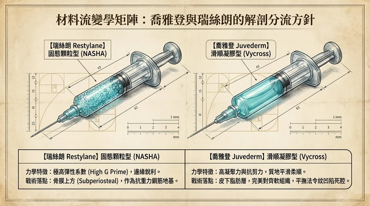 台中彰化喬雅登與瑞絲朗玻尿酸注射：整形外科醫師實施凝膠型與顆粒型透明質酸多層次注射修復處置衛教示意圖
