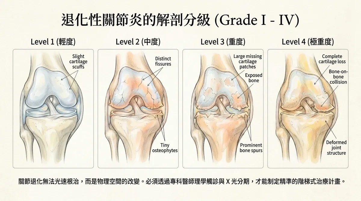 退化性關節炎的解剖分級示意圖：展現輕度、中度、重度到極重度（一到四期）的軟骨磨損與骨刺生成，說明必須透過理學觸診與X光分期制定治療計畫