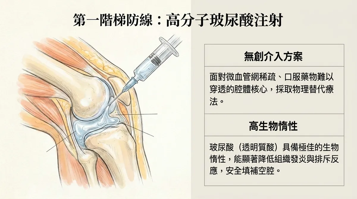 第一階段防線高分子玻尿酸注射：展示注射器將具備高生物惰性的玻尿酸安全填補於關節空腔中，替代稀疏的口服藥物路徑