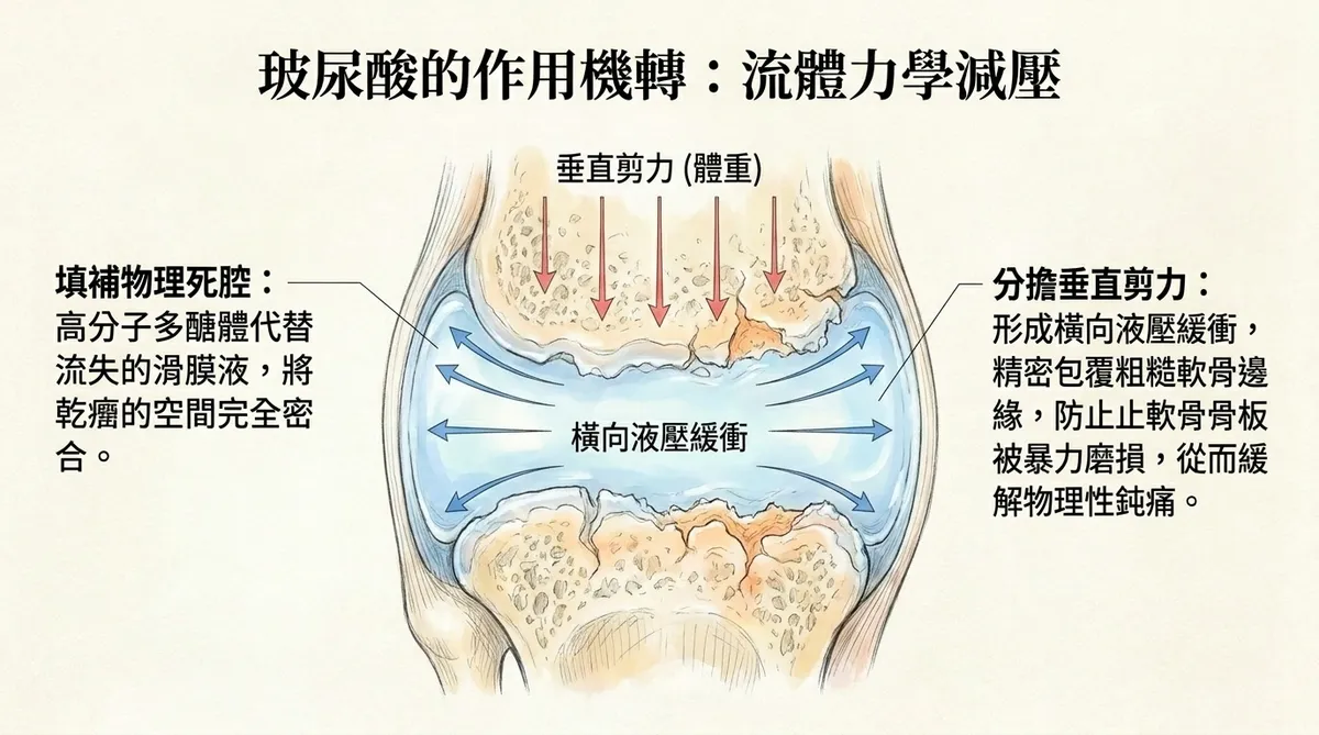 玻尿酸作用機轉圖：展示高分子多醣體填補物理空腔、代替滑膜液，並形成橫向液壓緩衝，分擔垂直剪力，防止軟骨磨損並緩解鈍痛