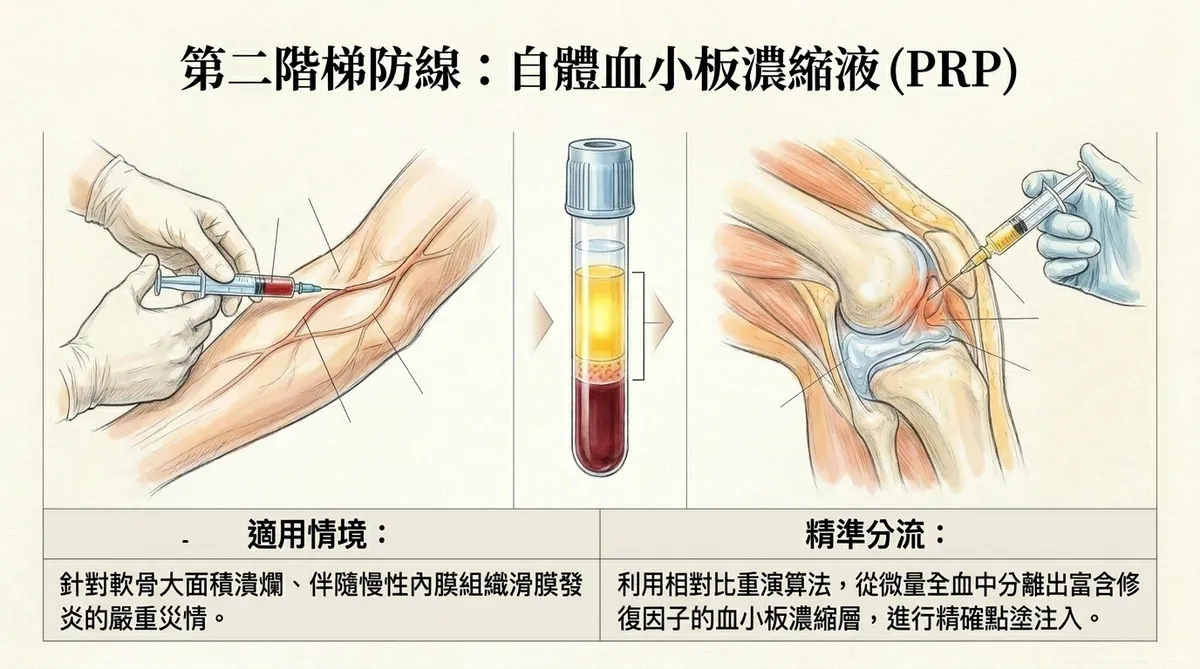 第二階段防線自體血小板濃縮液PRP流程圖：包括抽取病患微量全血、利用比重離心進行精準分流，以及將富含修復因子的血小板濃縮層注入關節深層空間
