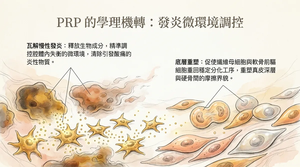 PRP學理機制微觀圖：展示釋放生物成分瓦解慢性發炎與炎性物質，並促進纖維母細胞與軟骨前驅細胞重回穩定分化，重塑深層組織與硬骨間的接觸介面