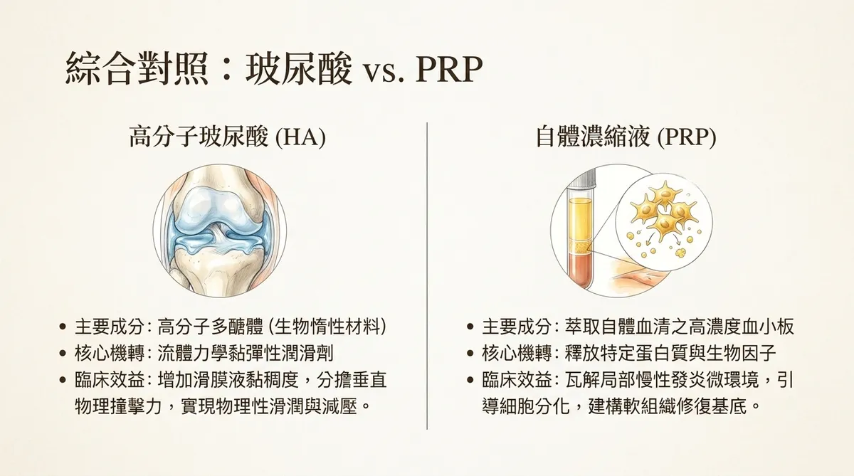 玻尿酸與PRP綜合對照表：右側展示高分子玻尿酸的物理潤滑與減壓效益，左側展示自體濃縮液PRP控制局部發炎環境與建構修復基底的臨床特點