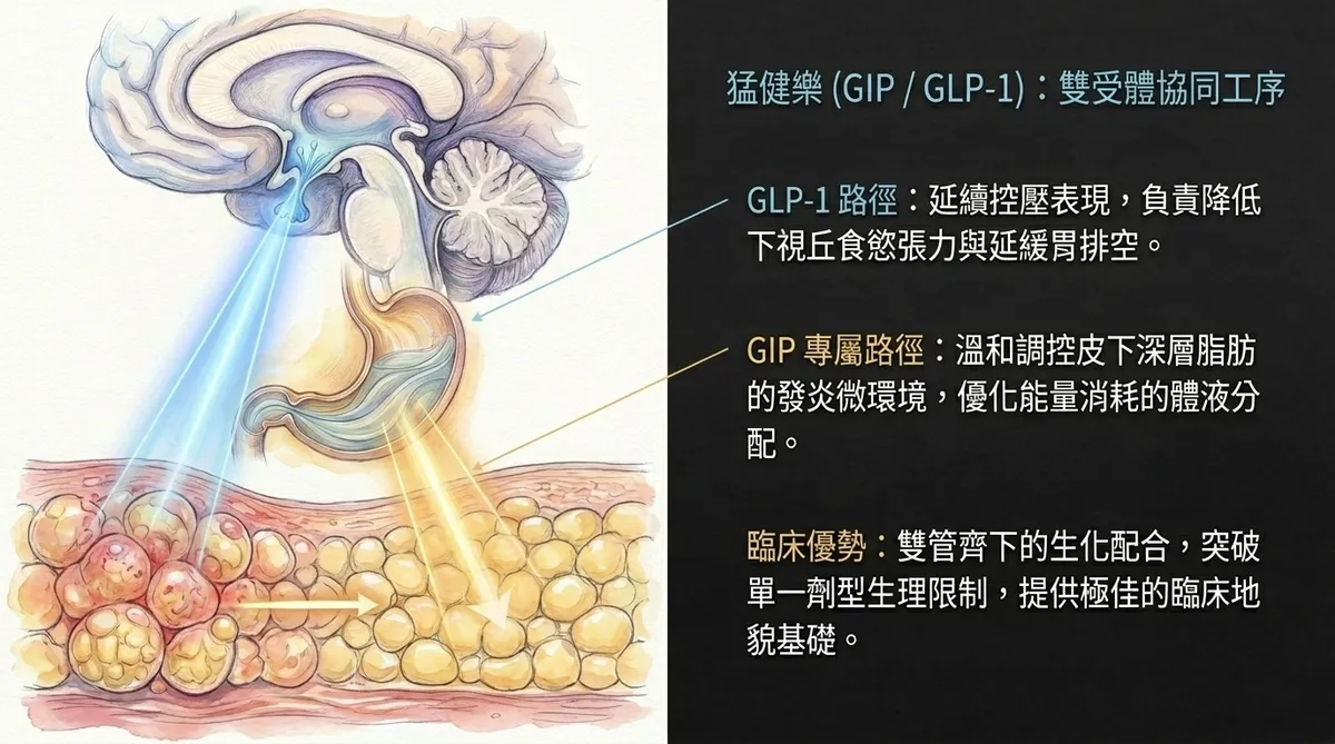 台中彰化體重控制與猛健樂針劑治療：醫師於診間為自費高階體質調理患者講解GIP與GLP-1雙受體促效劑之生化控制路徑衛教示意圖
