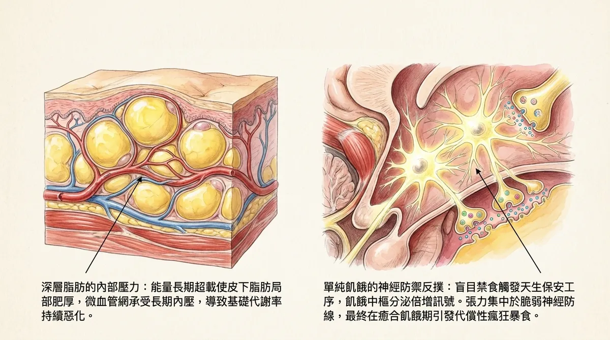 深層脂肪的內部壓力與單純飢餓的細胞反應。左側圖解說明長期超載如何使皮下脂肪局部肥厚、微血管承受內壓;右側圖解說明盲目禁食如何觸發大腦飢餓中樞分泌成倍訊號,導致長期挨餓後發生暴食反撲。