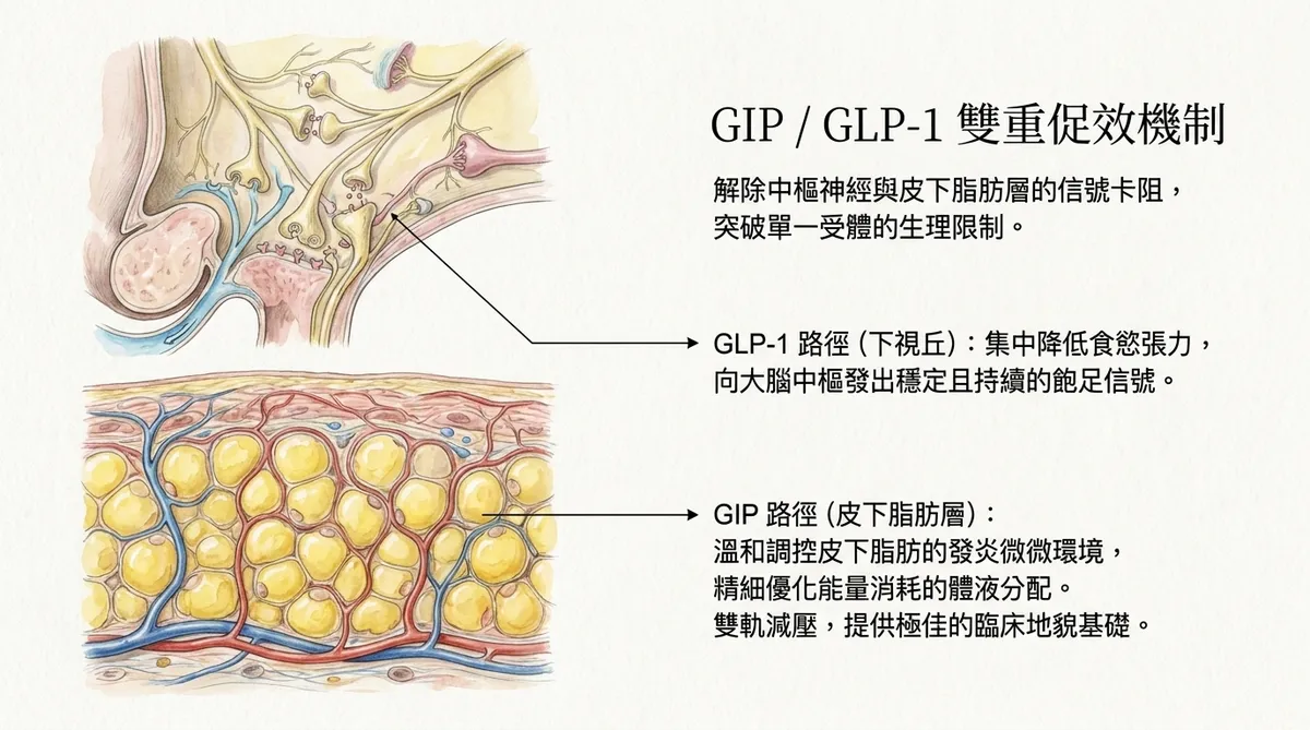 GIP / GLP-1 雙重促效機制路徑圖。詳述GLP-1路徑在下視丘降低食慾、向大腦發出穩定飽足信號,與GIP路徑在皮下脂肪層調節發炎微環境、優化能量消耗的協同作用。