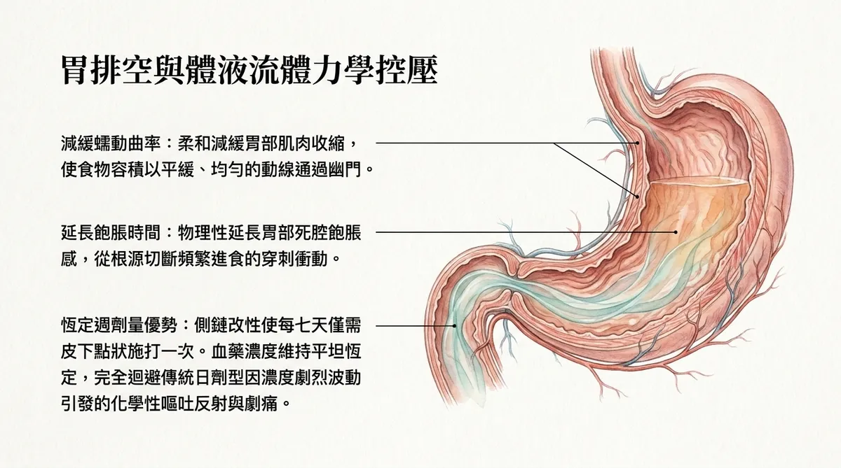 胃排空與消化道容積調控圖解。細緻展示藥物如何減緩胃部肌肉蠕動曲率、使食物平緩通過幽門、物理性延長胃部飽脹感,並說明側鏈改性使每七天僅需皮下注射一次的恆定優勢。