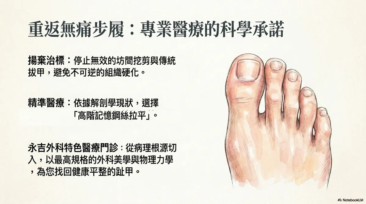 台中彰化自費趾甲矯正：醫師安裝德國記憶鋼絲矯正器溫和拉平內捲Ω型管狀彎曲指甲阻斷凍甲疼痛指引示意圖