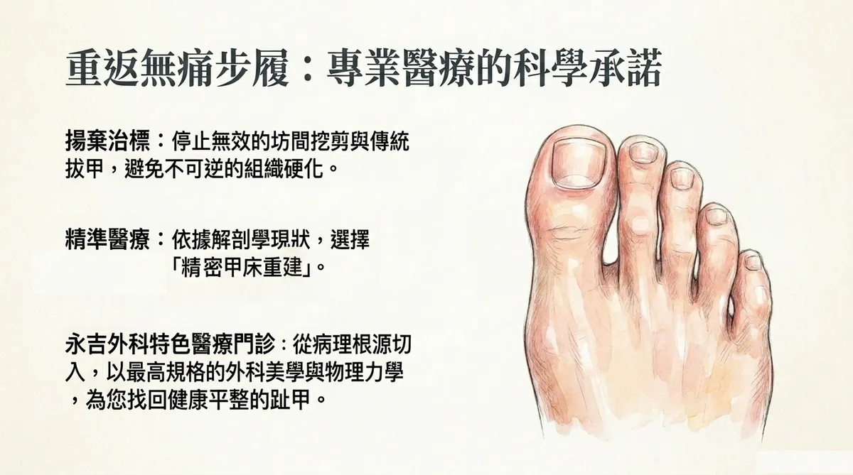 台中彰化自費高階甲床重建手術：醫師實施側甲基質生長核心楔型切除永久窄化指甲寬度根治頑固型凍甲發炎指引示意圖