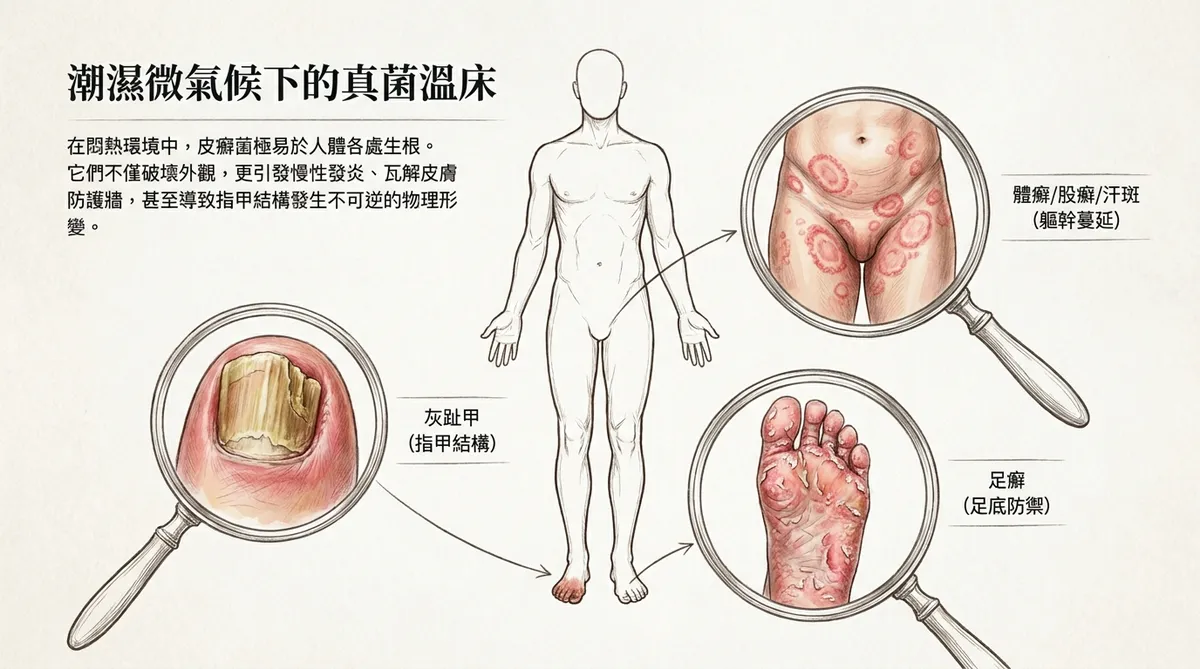 台中彰化灰指甲治療：外用藥液精準點塗滲透甲床阻斷黴菌發炎防止指甲萎縮內捲變形示意圖