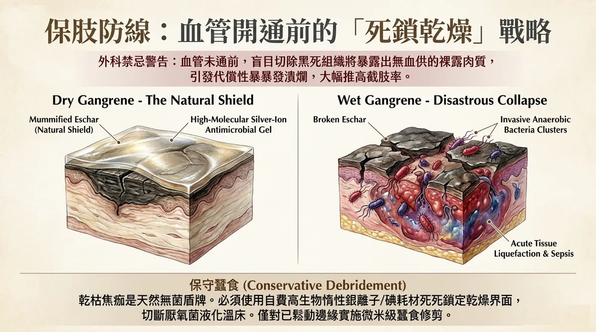 Complete Arterial Occlusion: Oxygen starvation leads to tissue mummification at the extremities.