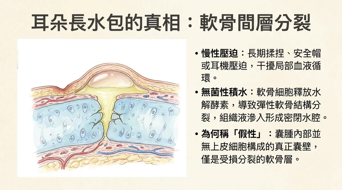 耳朵長水包的真相微觀病理結構:詳細分析因慢性壓迫(長期揉捏、安全帽或耳機壓迫)干擾局部血液循環,導致軟骨細胞釋放水解酵素,引發彈性軟骨結構分裂、組織液滲入形成密閉水腔之假性囊腫無上皮細胞真性囊壁組織學特徵