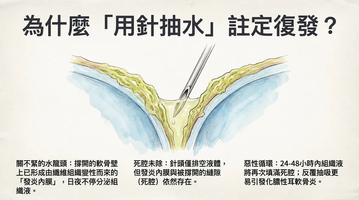 為什麼用針抽水註定復發病理機制圖:圖解針頭僅排空液體,但撐開的軟骨壁上纖維組織變性而來的發炎內膜(關不緊的水龍頭)與死腔縫隙依然存在,導致24-48小時內組織液再次灌滿死腔,反覆抽吸更易引發化膿性耳軟骨炎的惡性循環