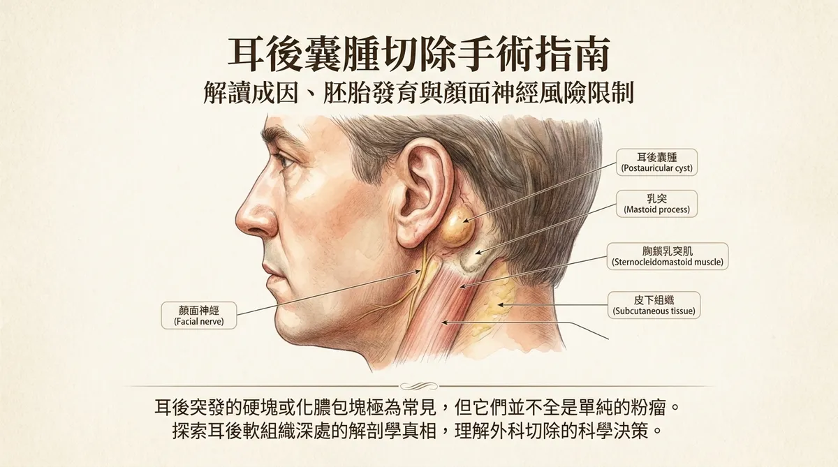 耳後囊腫切除手術總論解說圖。展示人體耳後、耳垂下方及乳突區域的臨床解剖位置,並標註常見腫塊與手術切口的評估位置。