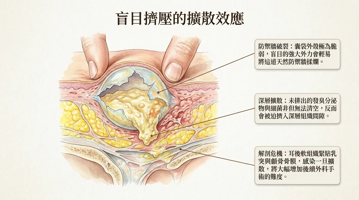 盲目擠壓耳後硬塊的病理後果。圖解說明徒手強力捏擠無法清除深層膜狀囊壁,反而會揉爛脆弱的組織,造成細菌在組織間隙擴散並加重發炎。