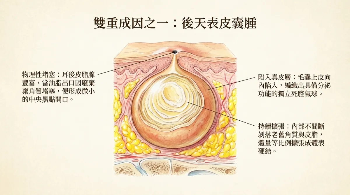 耳後囊腫成因解剖圖:後天表皮囊腫(粉瘤)。展示毛囊出口因油脂與廢棄角質堵塞,導致皮脂腺分泌物不間斷向內剝落堆積的囊袋結構。