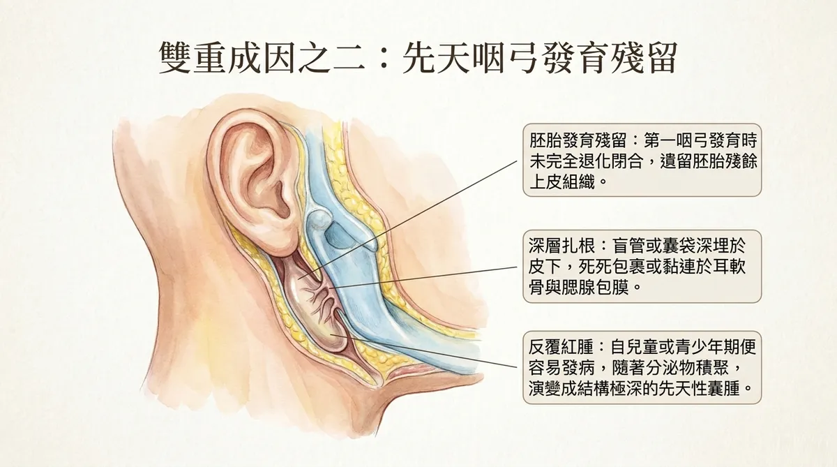 耳後囊腫成因解剖圖:先天咽弓發育殘留(第一咽裂畸形)。展示胚胎早期咽裂未完全退化閉合,在耳軟骨與腮腺深層殘留盲管或發育畸形囊袋的空間特徵。