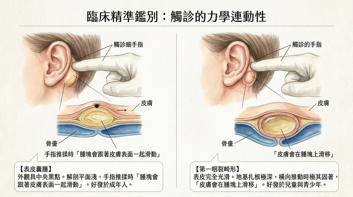 耳後硬塊臨床特徵鑑別對比圖。圖解說明普通粉瘤具備中央小開口且隨表皮滑動,而第一咽裂畸形外表光滑但基底扎根極深、橫向推動固著的觸診力學特性差異。