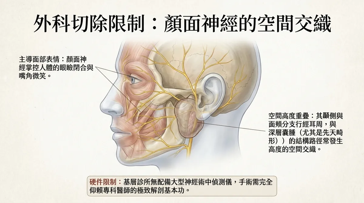 耳後切除手術與顏面神經解剖限制圖。剖面解析穿過耳前與耳下的顏面神經顳側及面頰分支,說明胚胎發育遺留盲管與表情神經相鄰的盲區限制。