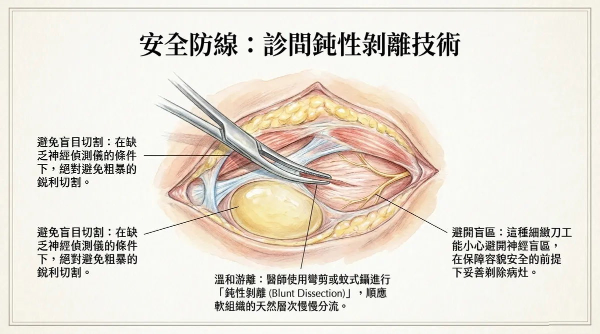 安全防線:診間細緻鈍性剝離技術。圖解說明整外醫師在局部阻斷麻醉下,使用蚊式鑷或彎剪順組織天然間隙溫和分流結締組織,避開銳利切割的手術細節。