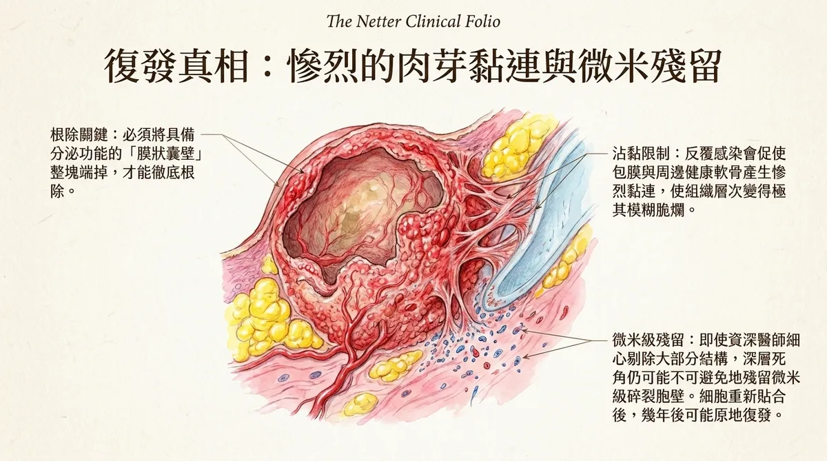 復發真相:微米級碎裂膜狀物殘留。圖解說明經歷反覆發炎後,脆爛的囊壁外殼與健康的耳軟骨發生嚴重黏連,導致手術剔除後皮下不可避免殘留微小胞壁的結構極限。