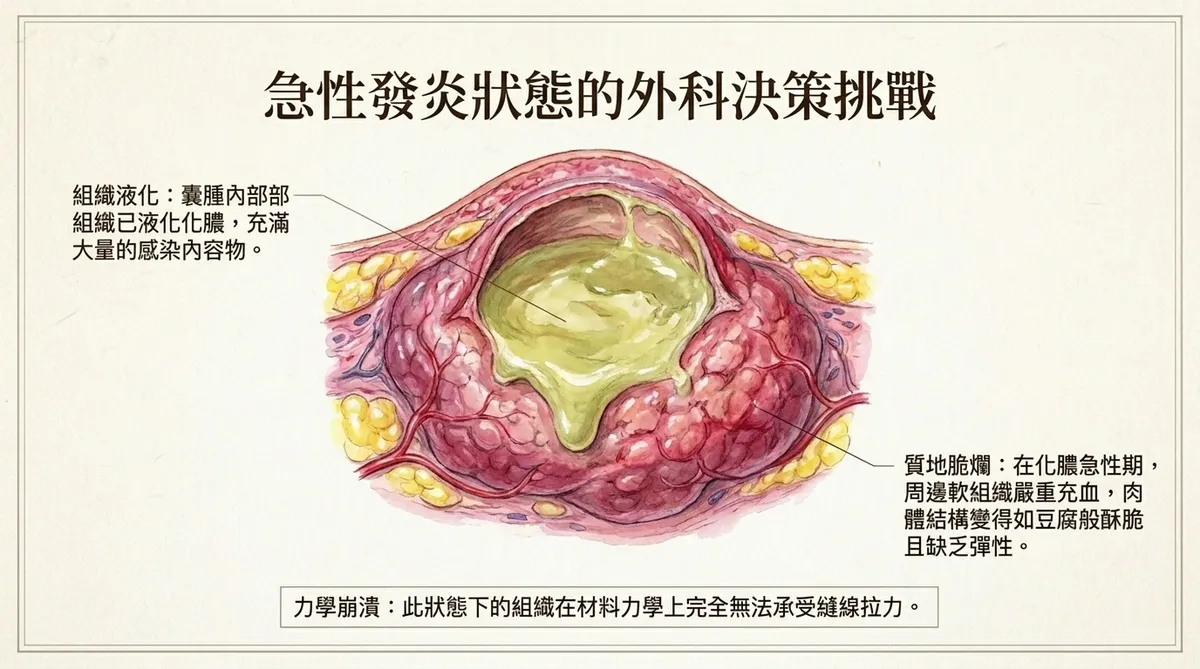 急性發炎化膿狀態的外科決策。展示局部軟組織重度充血、質地脆爛,取出內容物後皮下留下巨大空腔的病理狀態。