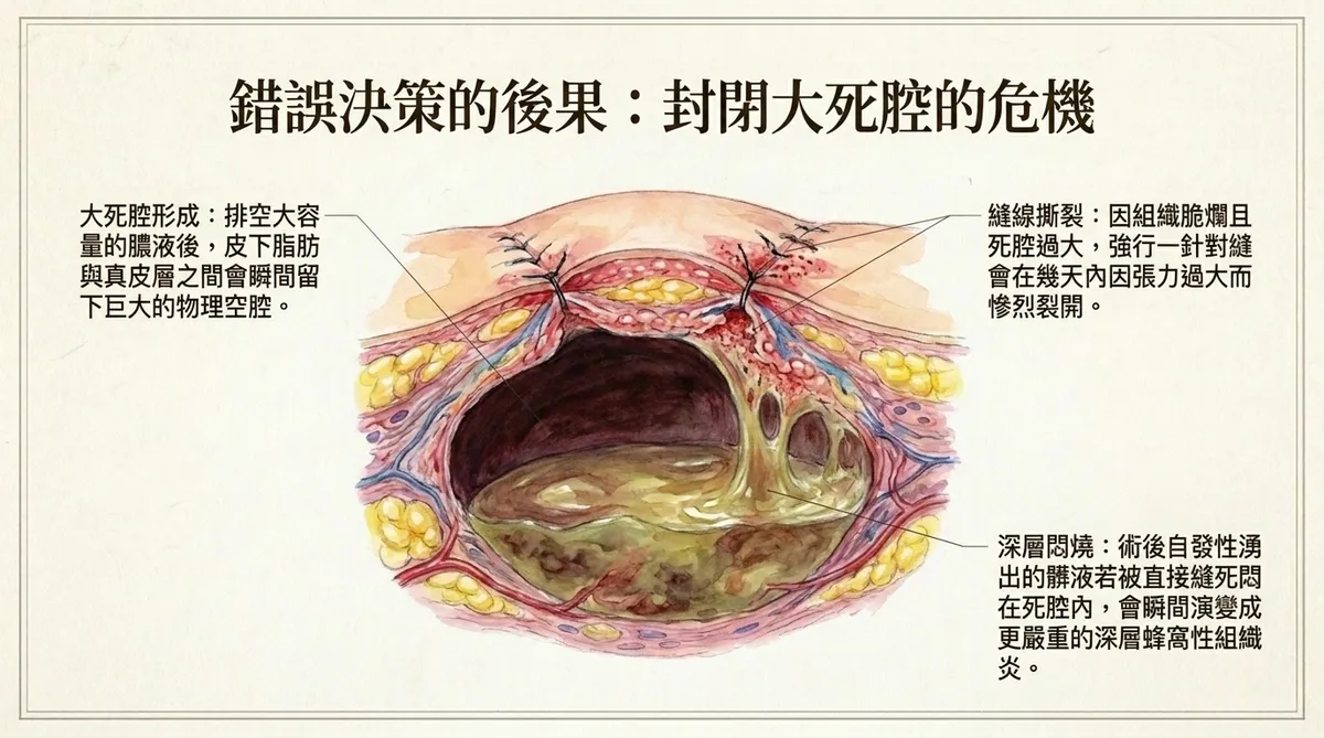 錯誤決策的後果:封鎖大死腔的危機。圖解展示若在化膿期強行對縫關閉空腔,不潔分泌物與髒液被悶在皮下,會瞬間引發全面惡化與發炎外溢的嚴重後果。