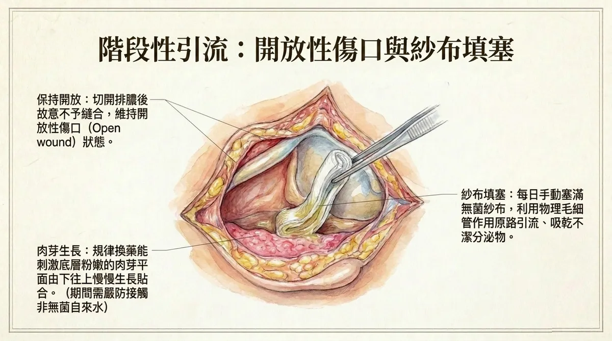 階段性引流:開放性傷口填塞換藥。展示醫護團隊每日以無菌引流紗布手動填塞空腔,吸附不潔髒液並刺激底部粉嫩肉芽向上生長貼合的標準照護流程。