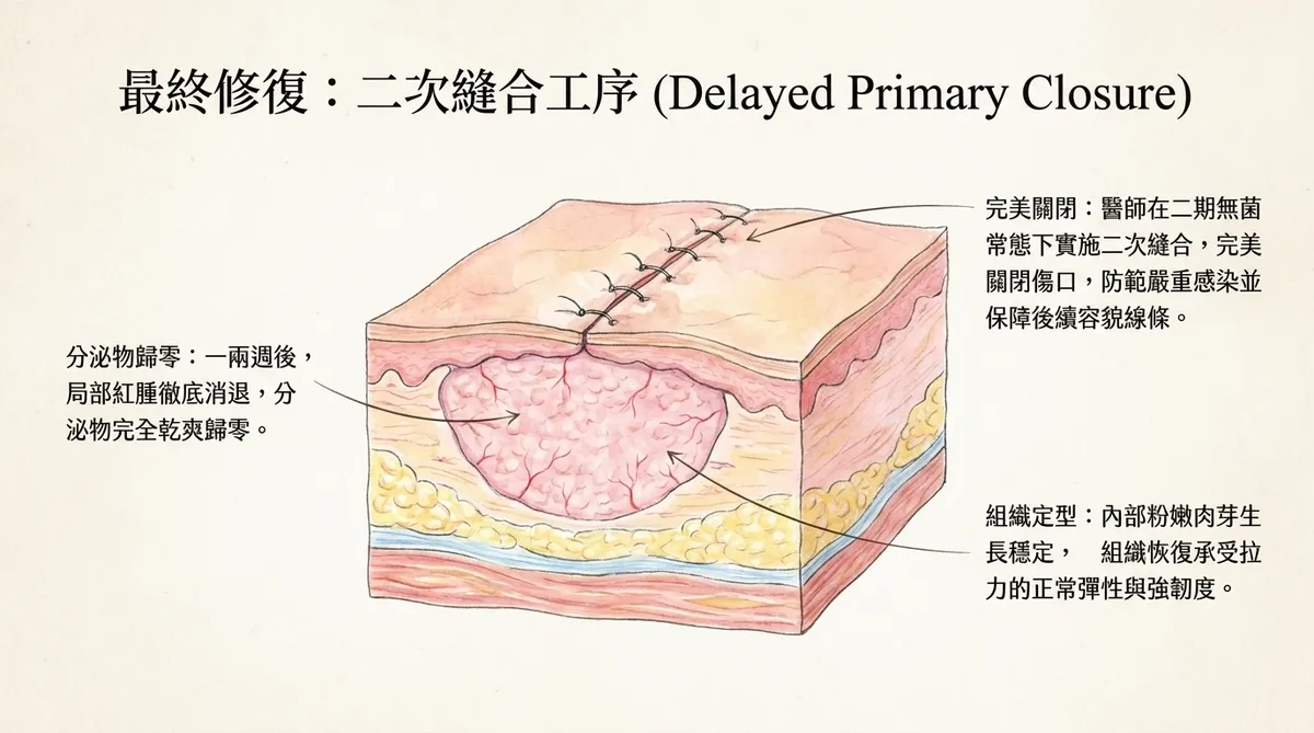 最終階段:二次縫合工序(Delayed Primary Closure)。展示一兩週後分泌物清零、局部紅腫消退後,將健康靠攏的肉芽組織正式對齊縫合,確保皮膚表面重回平整線條的最終成效。