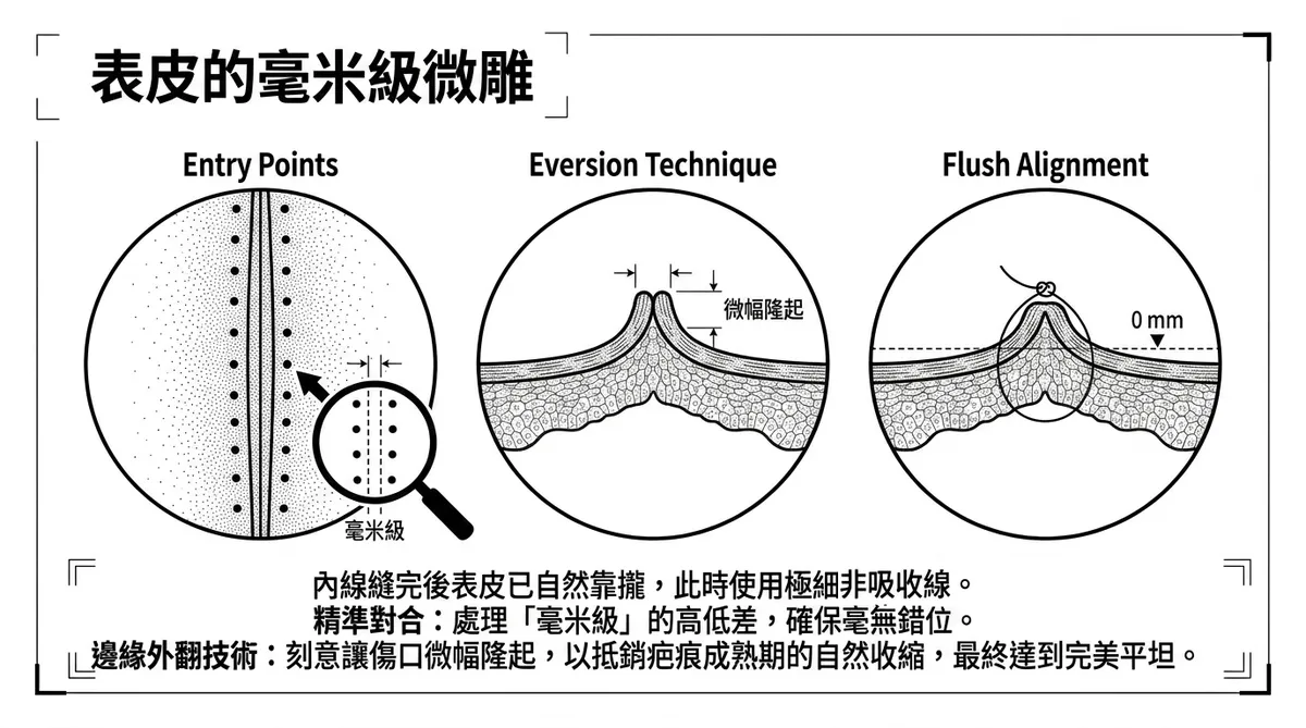 彰化台中軀幹粉瘤切除：美容減張縫合表皮微幅外翻與後期平整修復演變示意圖