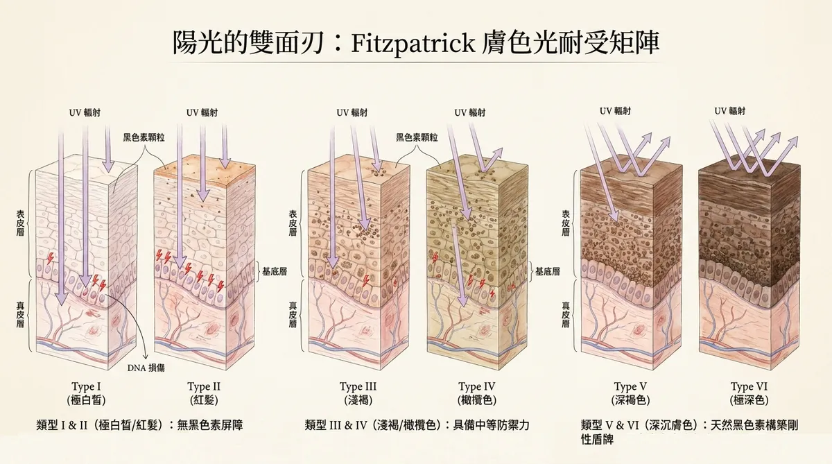 Fitzpatrick 膚色光耐受矩陣圖:橫向展示 Type I 到 Type VI 六種膚色解剖構造。一目了然呈現類型 I、II(極白皙紅髮)缺乏黑色素屏障極易因UV輻射引發 DNA 損傷與細胞變異;類型 III、IV 具備中等防禦力;類型 V、VI(深膚色)自帶剛性黑色素盾牌,抵抗能力高的生理真相