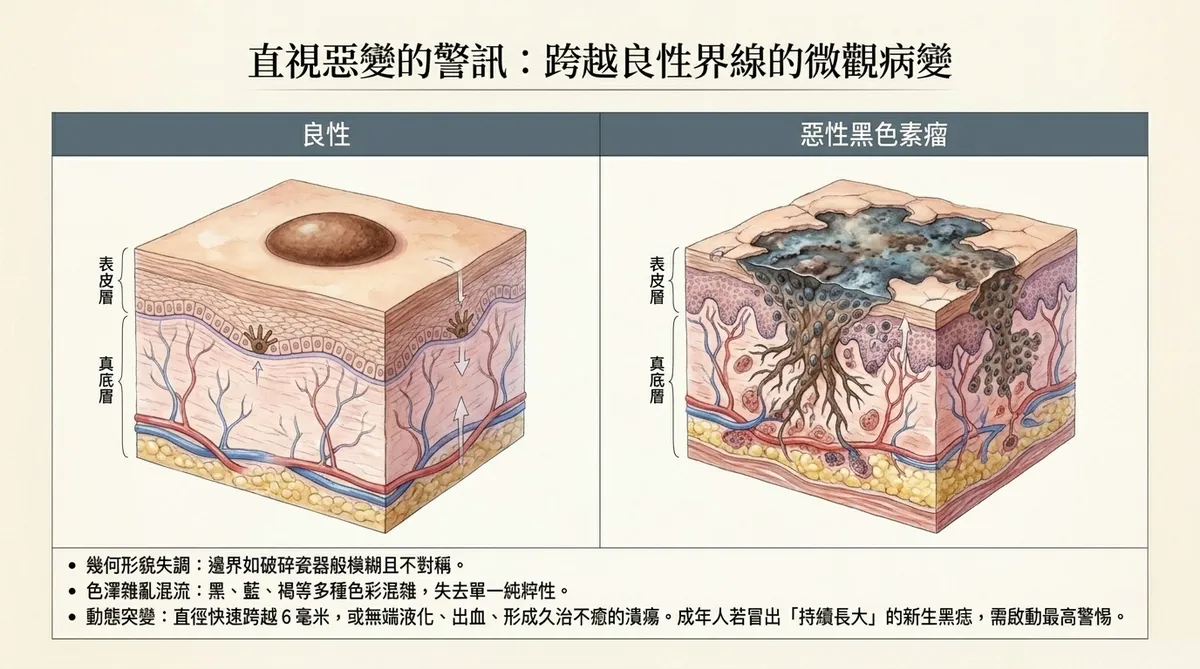 黑痣良惡性外觀鑑別圖:左側展示良性痣幾何形貌對稱、色彩均勻、邊界清晰的常態;右側展示惡性黑色素瘤結構無序、幾何形貌失調不對稱、邊界如破碎瓷器般模糊、且色澤混雜多色混流(黑藍褐色)與動態突變橫向跨越6毫米的核心分野