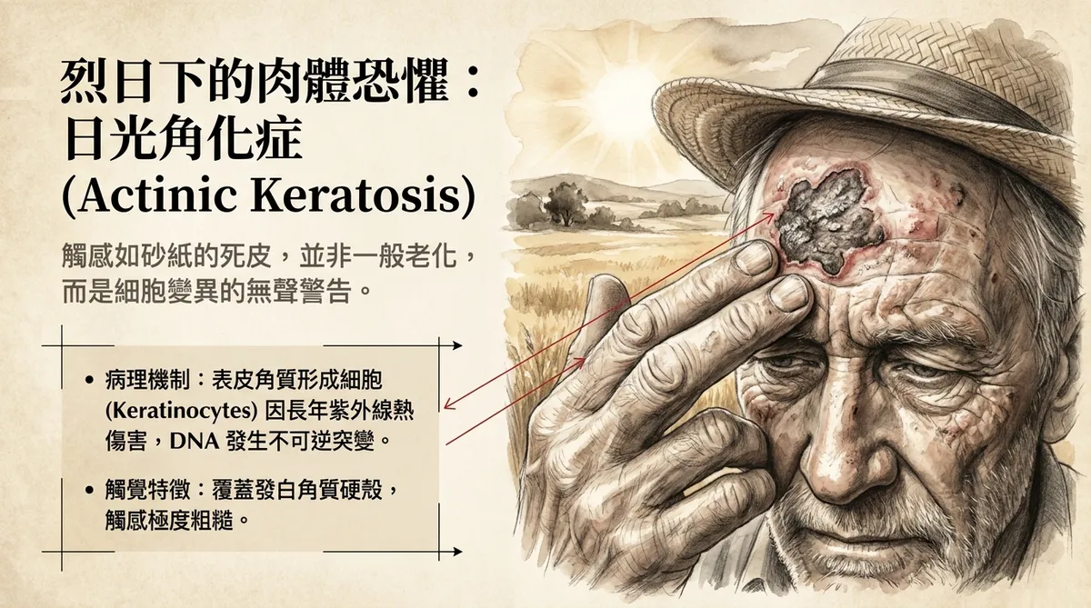 日光角化症臨床外觀圖:特寫老年患者前額曝曬受光區,標註其觸感如粗砂紙的發白角質硬殼,並剖析其病理機制為表皮角質形成細胞因長年紫外線熱傷害,導致 DNA 發生不可逆突變的原位癌前驅特徵