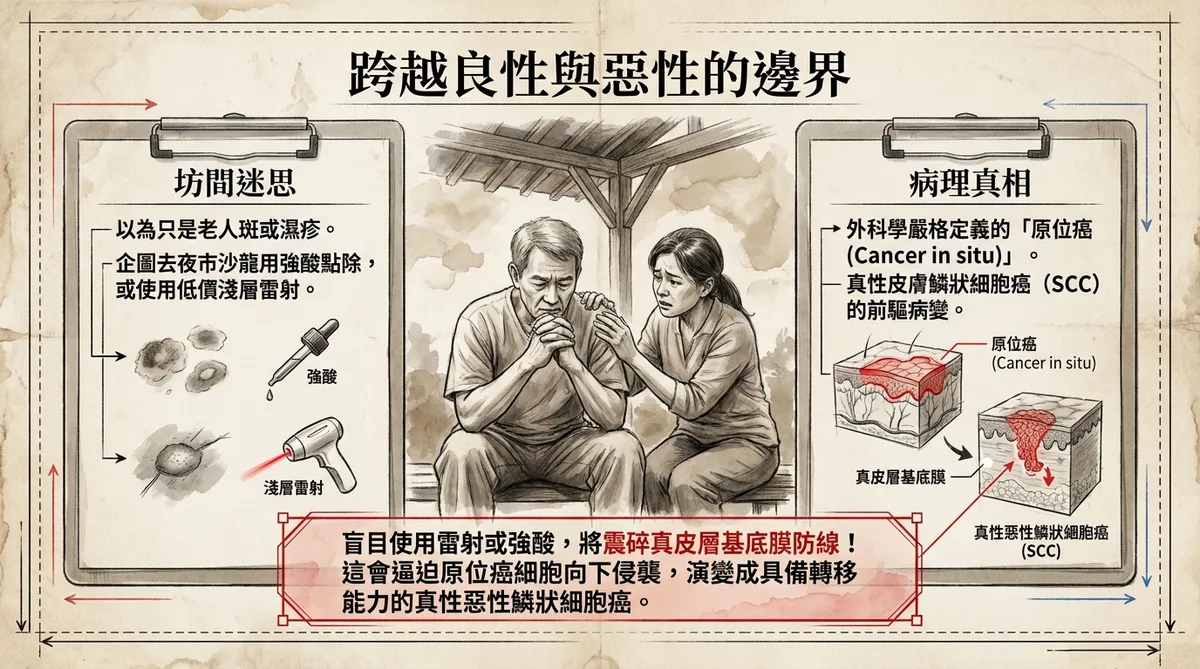 跨越良惡性邊界病理圖:對比左側坊間迷思(誤以為是濕疹、盲目使用強酸或淺層雷射點除)與右側病理真相,清晰圖解盲目雷射會震碎真皮層基底膜防線,硬生生逼迫原位癌細胞向下侵襲,演變成具備轉移能力的惡性鱗狀細胞癌之因果鏈