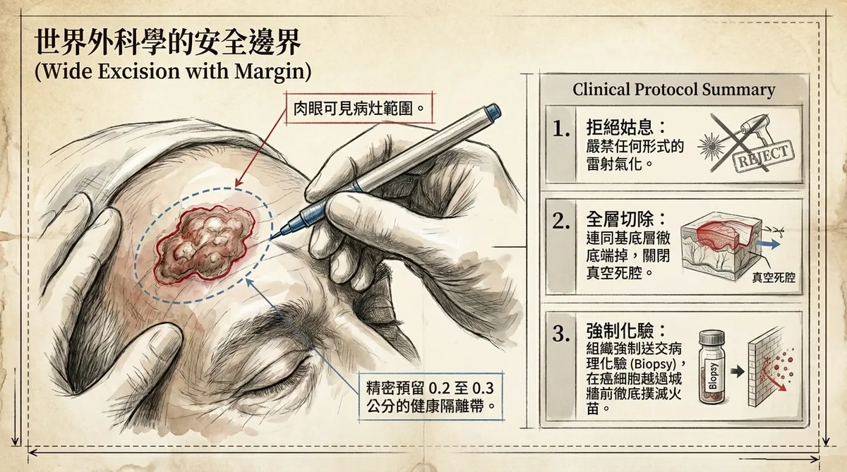 梭形切除與美容縫合幾何重塑對照圖:左側顯示術前額頭變異增生區與脆弱微血管網破口(強行剝離會引發原位出血);右側顯示順應張力線對稱縫合後的平坦平整線條,徹底消滅深層解剖死腔的外科技術成果