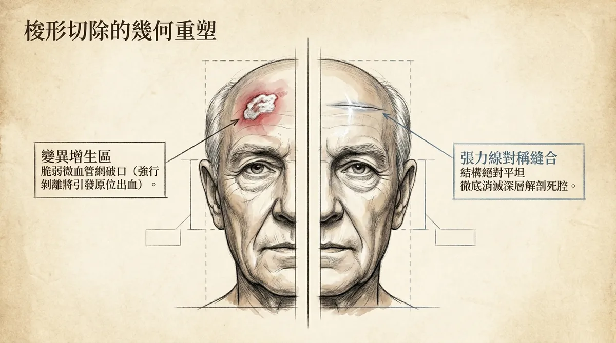 外科學安全邊界示意圖:詳細展現醫師用手術筆在肉眼可見病灶範圍外緣,精密預留 0.2 至 0.3 公分健康隔離帶的藍色虛線,指引全層切除、關閉空間並強制全套送交病理化驗的標準外科共識