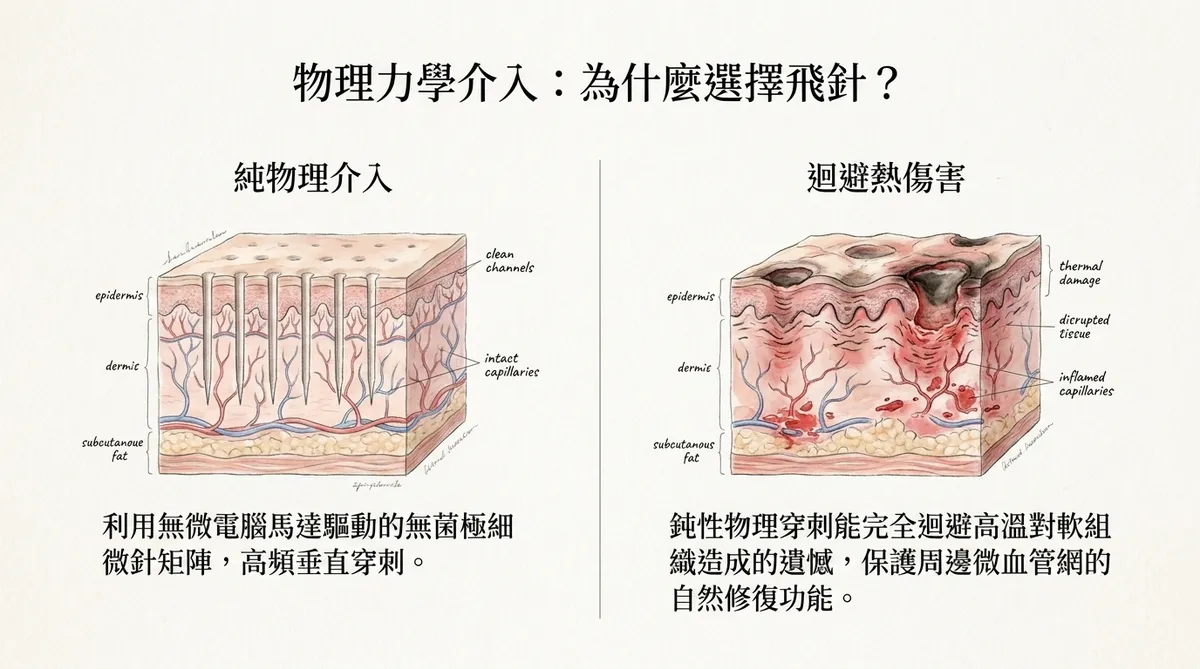 機械式微創飛針穿刺示意圖:展示無菌極細針頭垂直穿刺表皮,建立深入的微通道,讓外泌體小泡得以順著通道直接滲透到基底