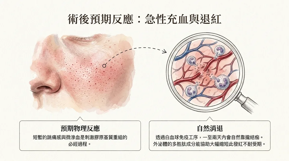 外泌體細胞學定位微觀圖:展示雙層脂質囊泡釋放多胜肽成分與生物因子,向纖維母細胞發出信號,調控發炎微環境並使組織平整修復
