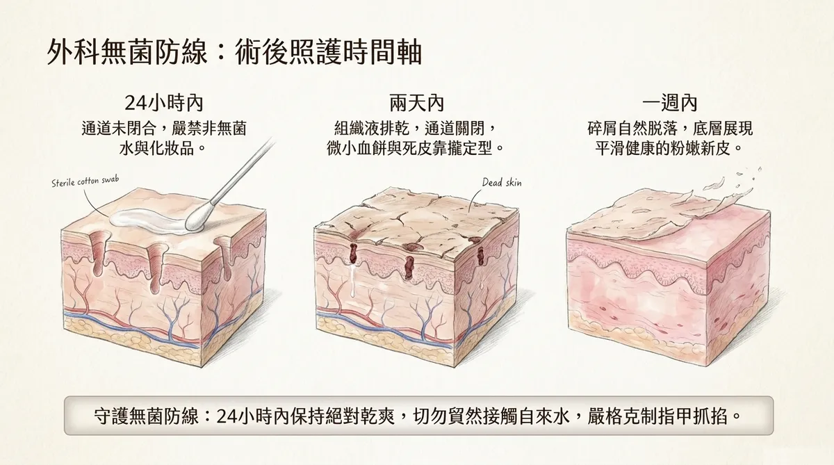 術後預期反應與照護時間軸:左側展示局部發紅與微滲血的預期物理反應,右側展示24小時內通道閉合、兩天內組織液排乾結痂、一週內碎屑脫落露出粉嫩新皮的修復時間軸