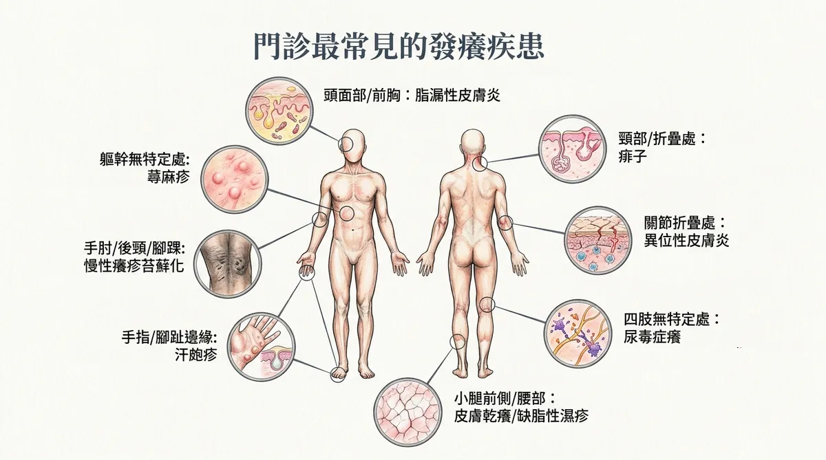台中彰化常見皮膚發癢疾患全身解剖地圖：包含脂漏性皮膚炎、痱子、蕁麻疹、異位性皮膚炎、慢性苔蘚化癢疹、尿毒症癢、汗皰疹與缺脂性濕疹的好發解剖平面位置總綱示意圖