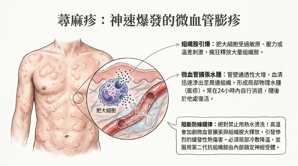 急性蕁麻疹病理機轉圖：解剖呈現皮下肥大細胞受過敏原或溫差刺激釋放組織胺，導致皮下微血管擴張、血清滲出形成局部水腫膨疹，並確立冷敷降溫的阻斷防線鐵律